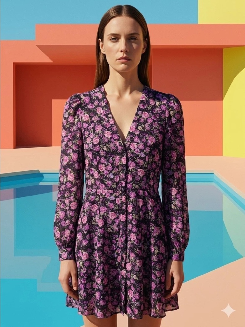 Zara Black Pink Floral Long Sleeve Button Up Mini Dress V-Neck Above Knee Size M